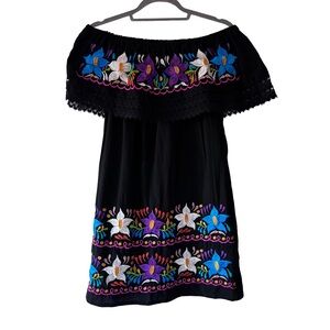 Black Off-Shoulder Campesina Dress with Floral Embroidery Size M